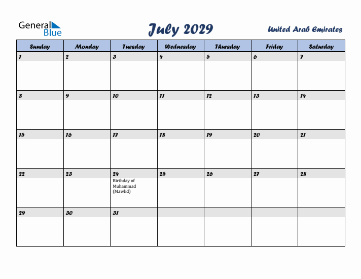 July 2029 Calendar with Holidays in United Arab Emirates