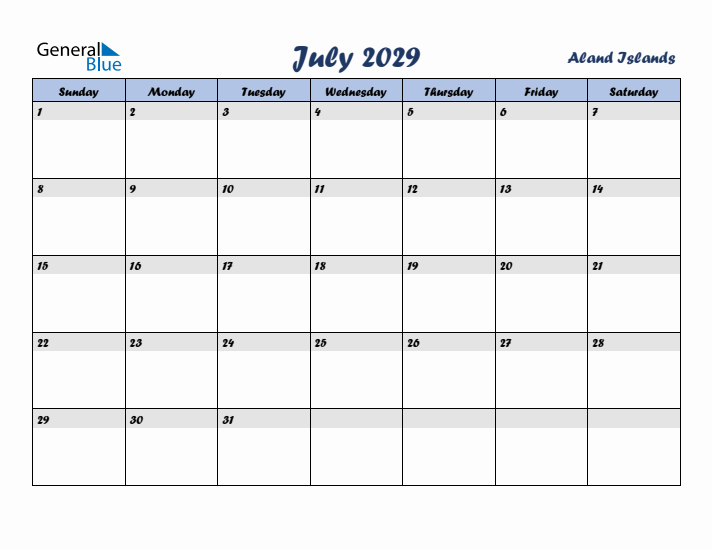 July 2029 Calendar with Holidays in Aland Islands