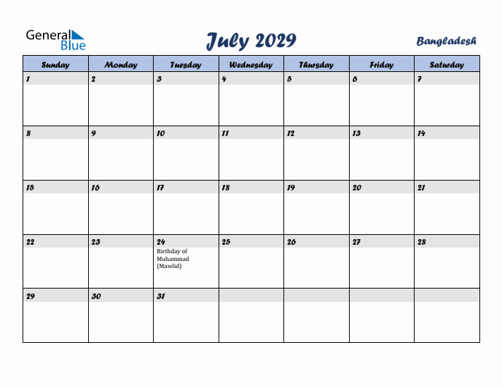 July 2029 Calendar with Holidays in Bangladesh