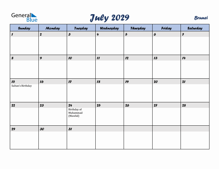 July 2029 Calendar with Holidays in Brunei