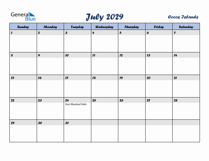 July 2029 Calendar with Holidays in Cocos Islands