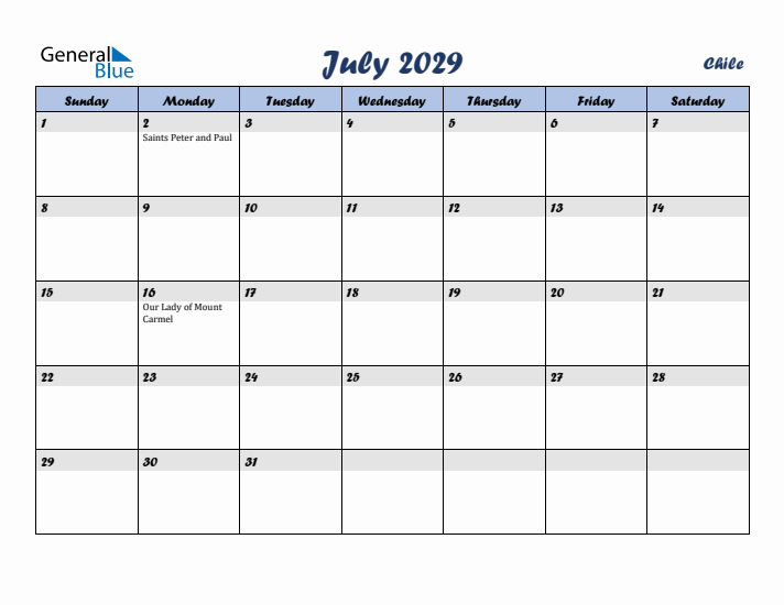 July 2029 Calendar with Holidays in Chile