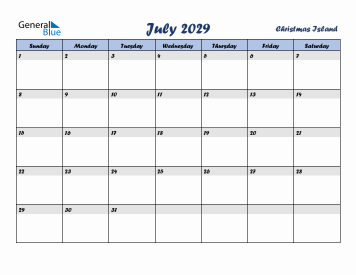 July 2029 Calendar with Holidays in Christmas Island