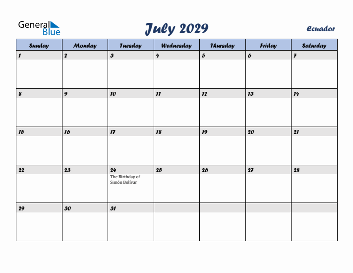 July 2029 Calendar with Holidays in Ecuador