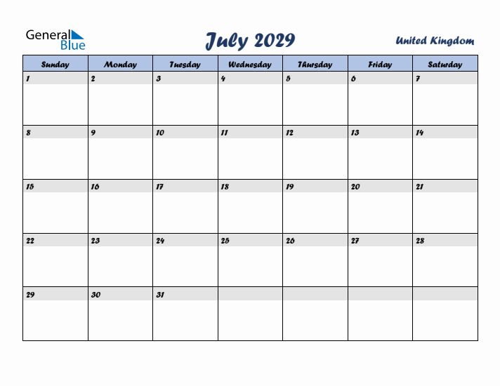 July 2029 Calendar with Holidays in United Kingdom