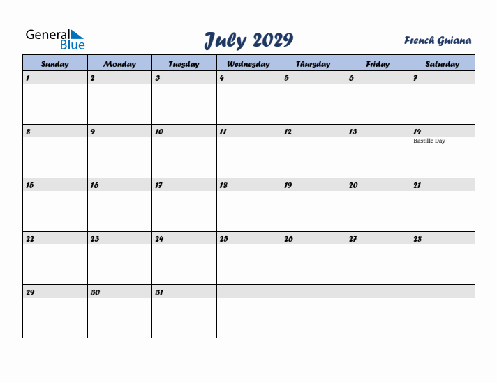 July 2029 Calendar with Holidays in French Guiana