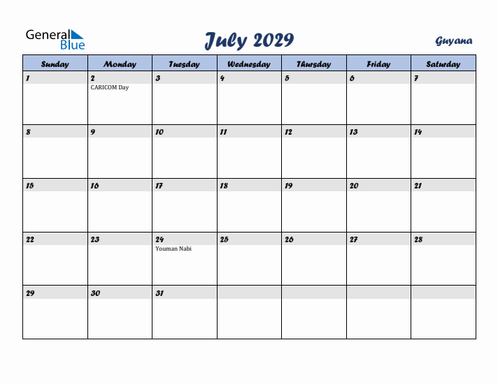 July 2029 Calendar with Holidays in Guyana