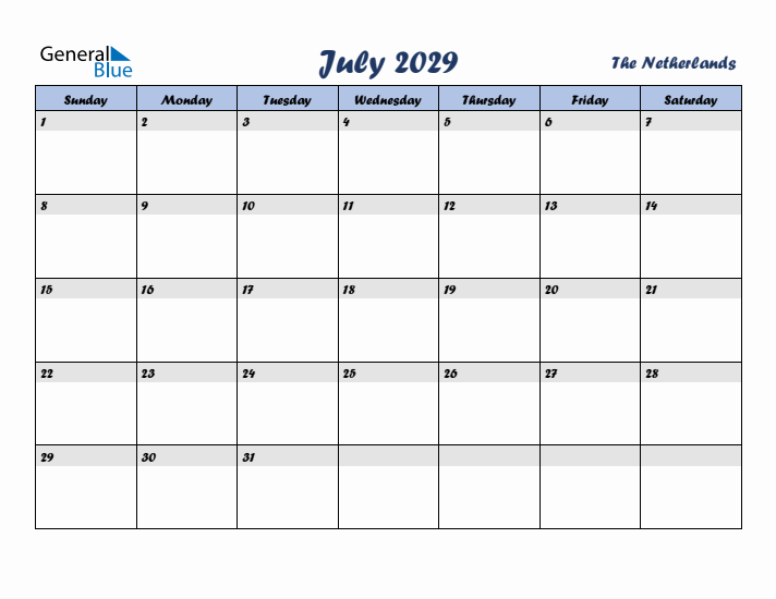 July 2029 Calendar with Holidays in The Netherlands