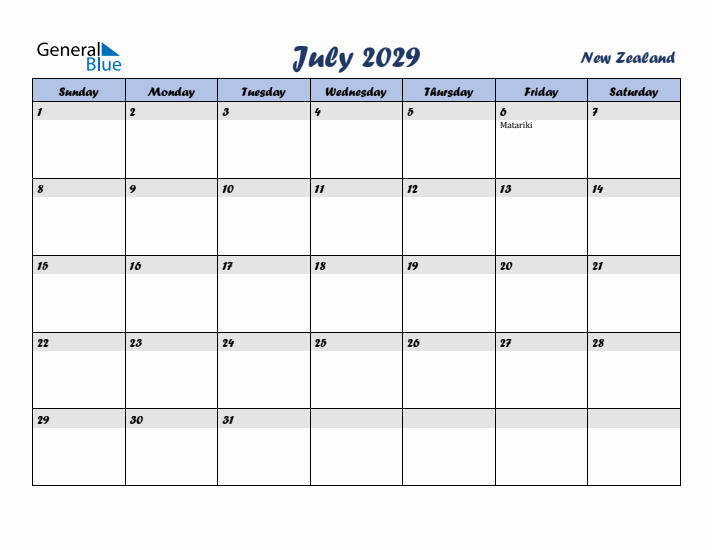 July 2029 Calendar with Holidays in New Zealand