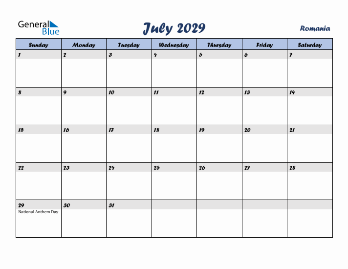 July 2029 Calendar with Holidays in Romania