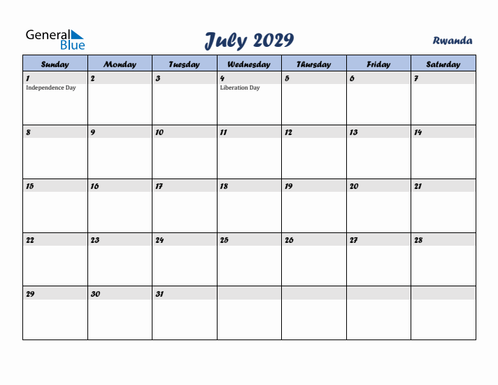 July 2029 Calendar with Holidays in Rwanda