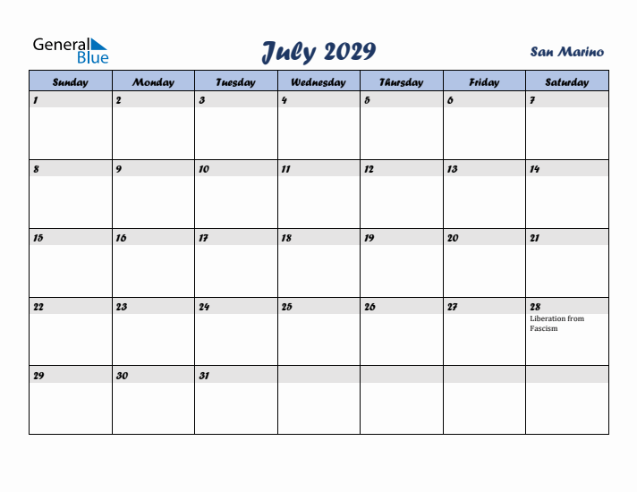 July 2029 Calendar with Holidays in San Marino