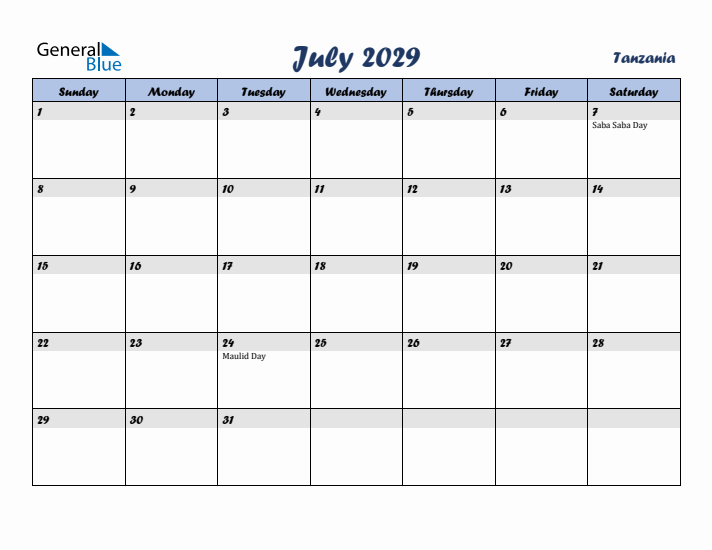 July 2029 Calendar with Holidays in Tanzania