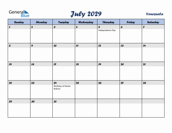 July 2029 Calendar with Holidays in Venezuela
