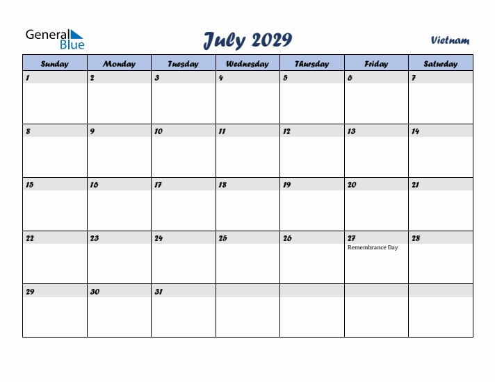 July 2029 Calendar with Holidays in Vietnam