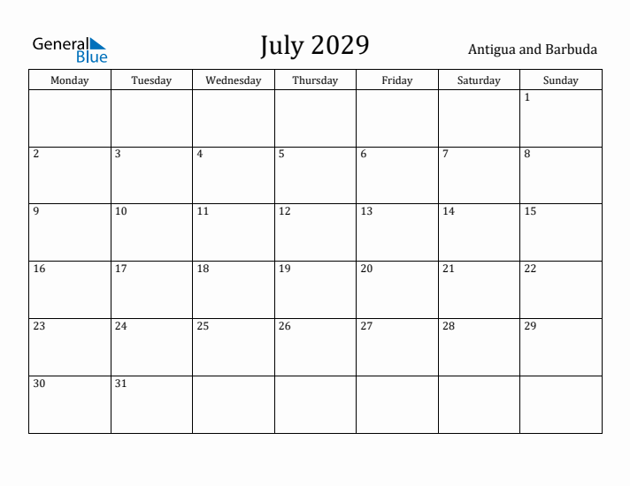 July 2029 Calendar Antigua and Barbuda