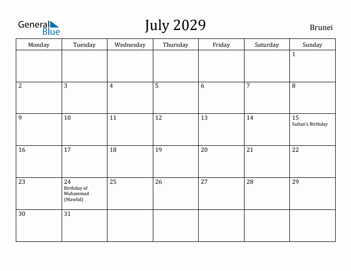 July 2029 Calendar Brunei