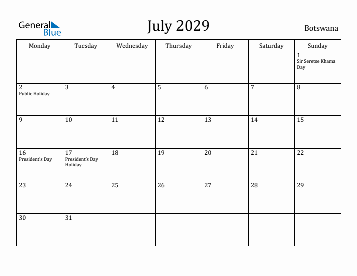 July 2029 Calendar Botswana
