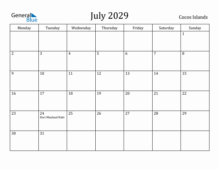 July 2029 Calendar Cocos Islands