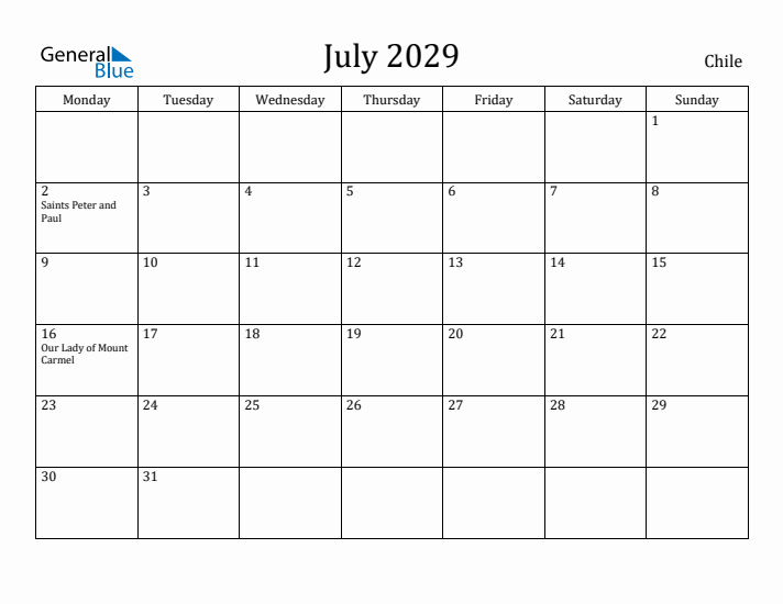 July 2029 Calendar Chile