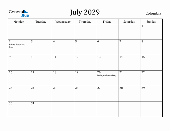 July 2029 Calendar Colombia