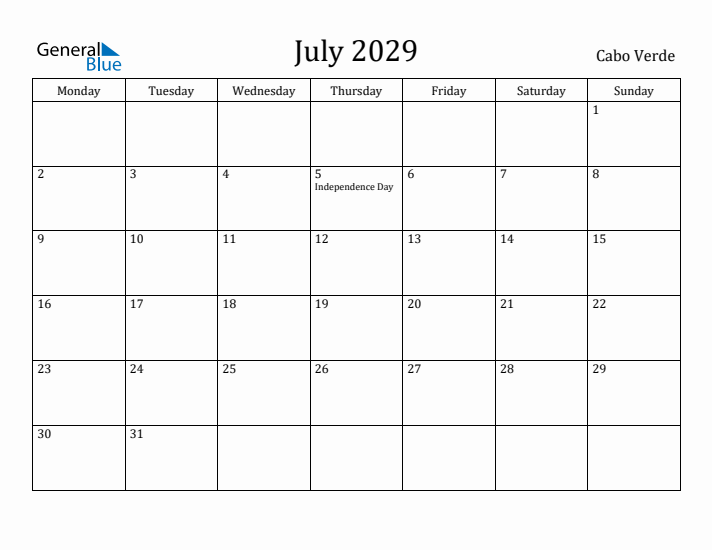 July 2029 Calendar Cabo Verde