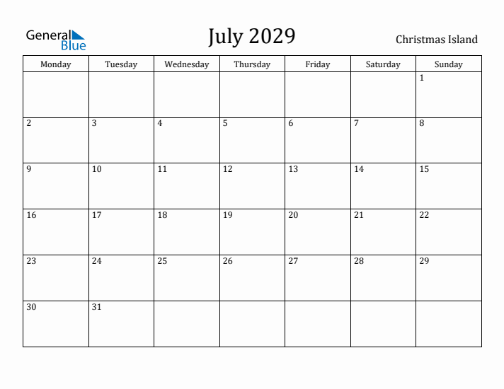 July 2029 Calendar Christmas Island