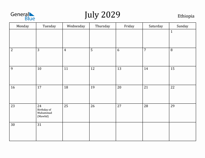 July 2029 Calendar Ethiopia