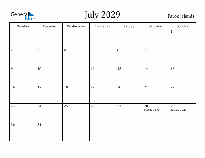 July 2029 Calendar Faroe Islands