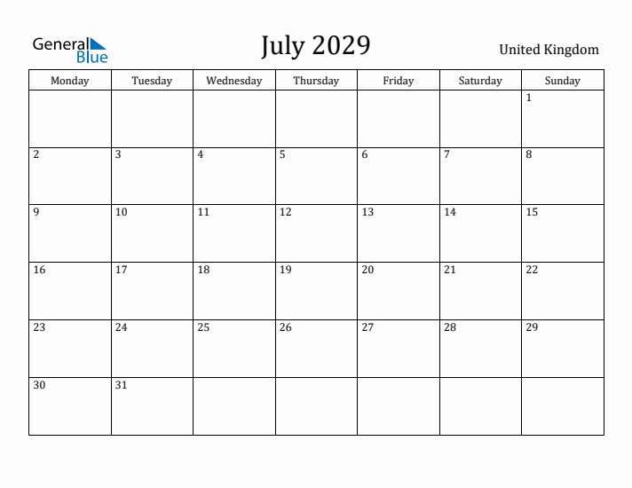 July 2029 Calendar United Kingdom