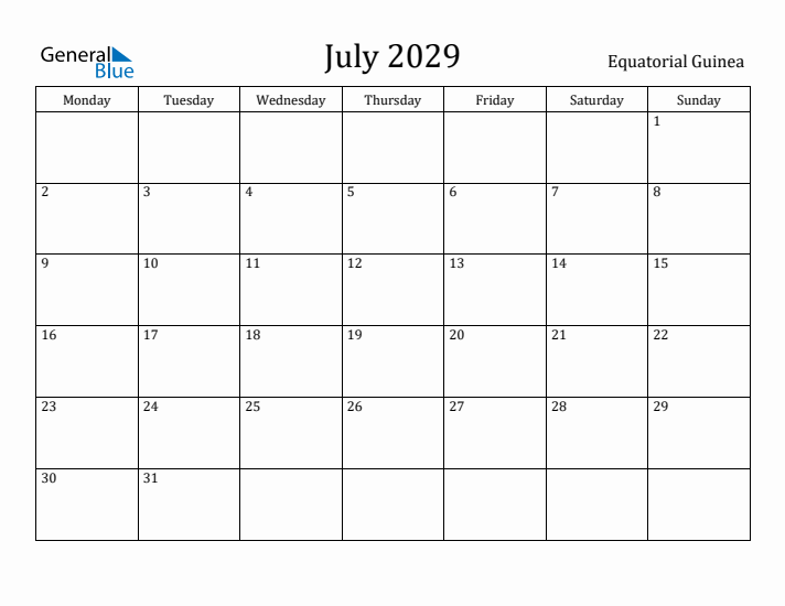 July 2029 Calendar Equatorial Guinea