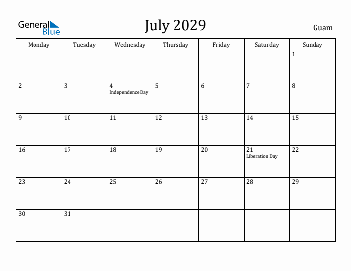 July 2029 Calendar Guam