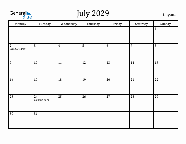 July 2029 Calendar Guyana