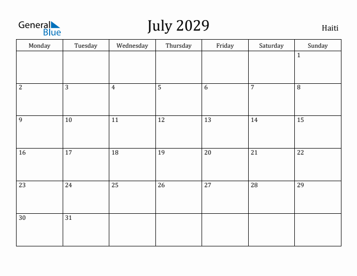 July 2029 Calendar Haiti