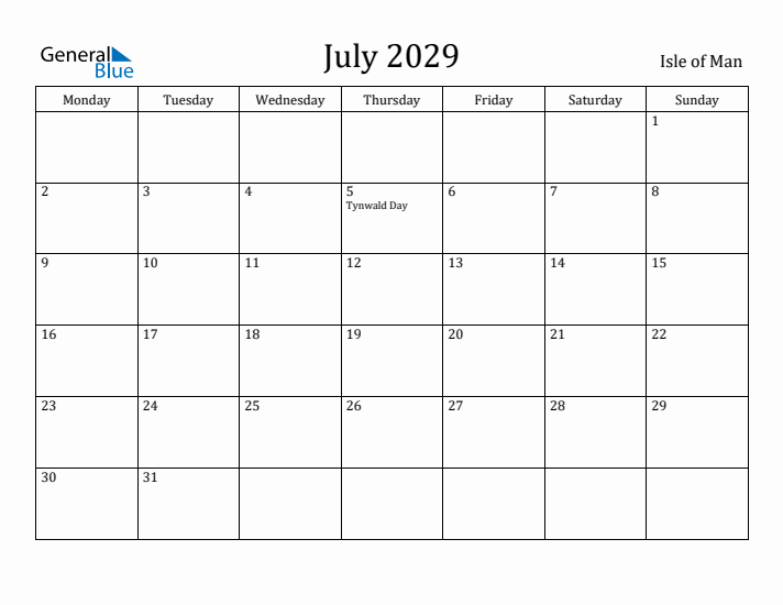 July 2029 Calendar Isle of Man