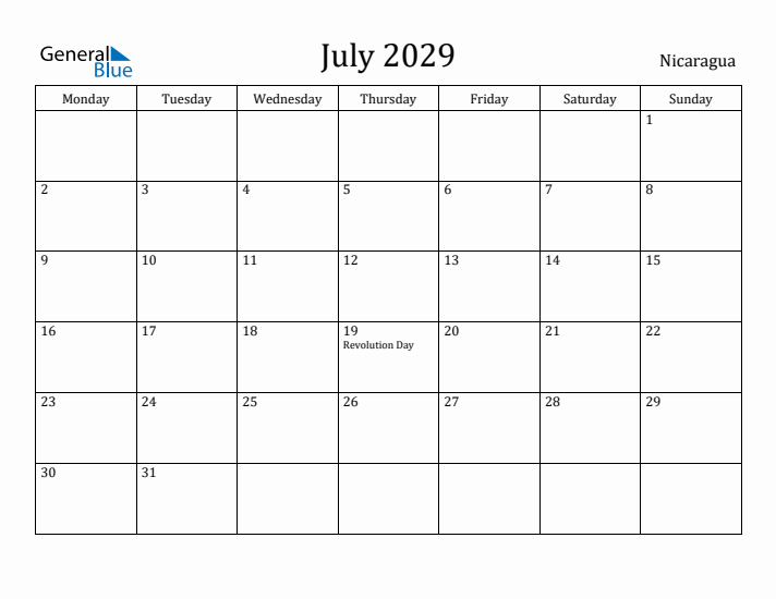 July 2029 Calendar Nicaragua