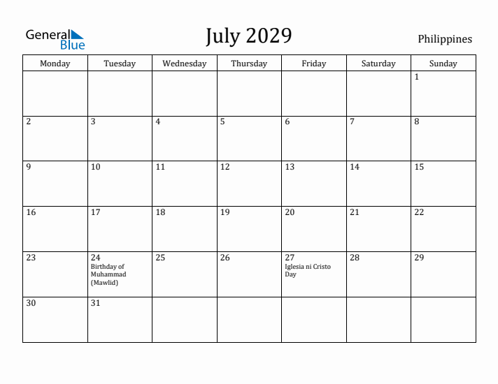 July 2029 Calendar Philippines