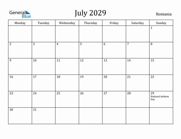 July 2029 Calendar Romania