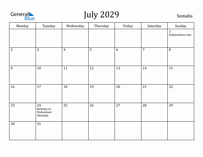 July 2029 Calendar Somalia