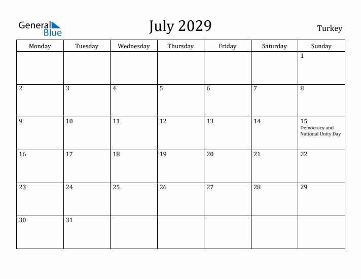 July 2029 Calendar Turkey