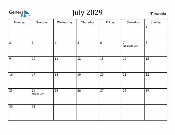 July 2029 Calendar Tanzania