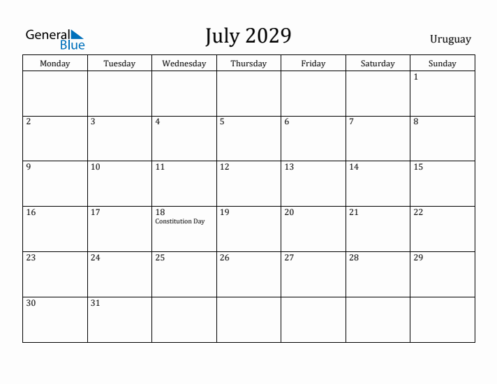 July 2029 Calendar Uruguay