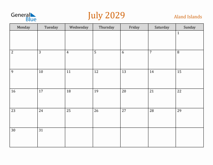 July 2029 Holiday Calendar with Monday Start