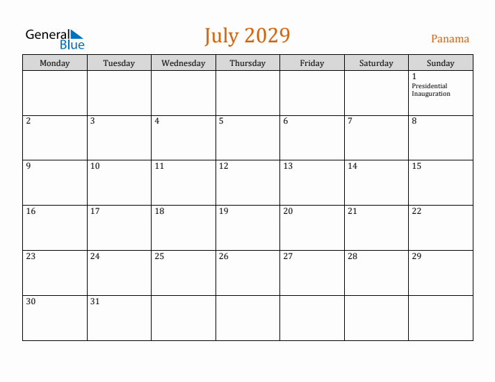 July 2029 Holiday Calendar with Monday Start