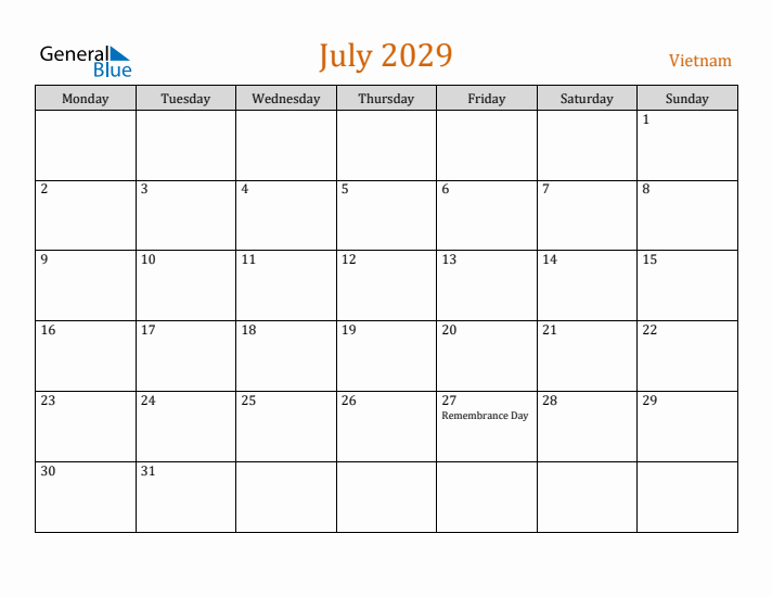 July 2029 Holiday Calendar with Monday Start