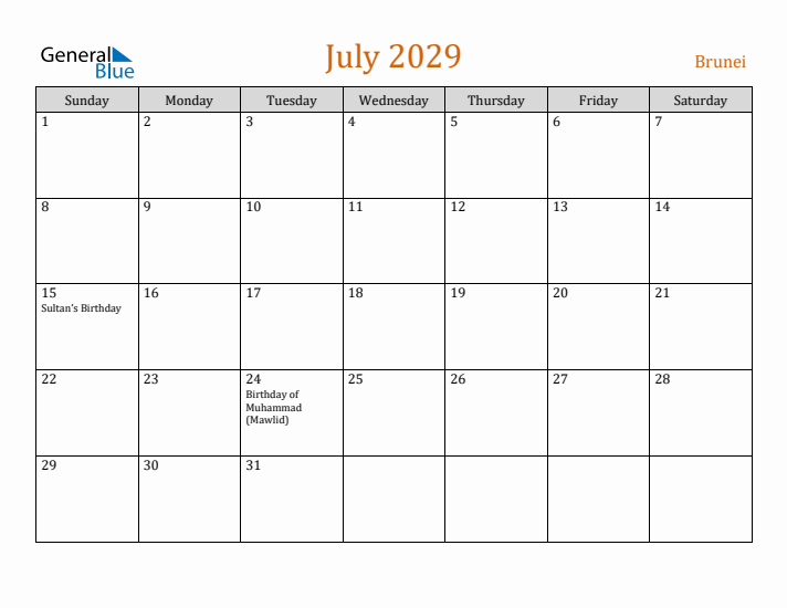 July 2029 Holiday Calendar with Sunday Start