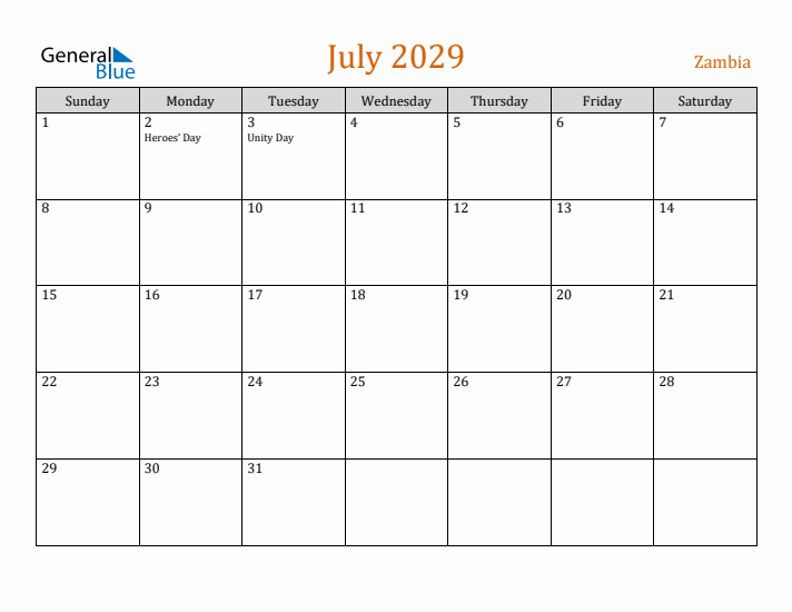 July 2029 Holiday Calendar with Sunday Start
