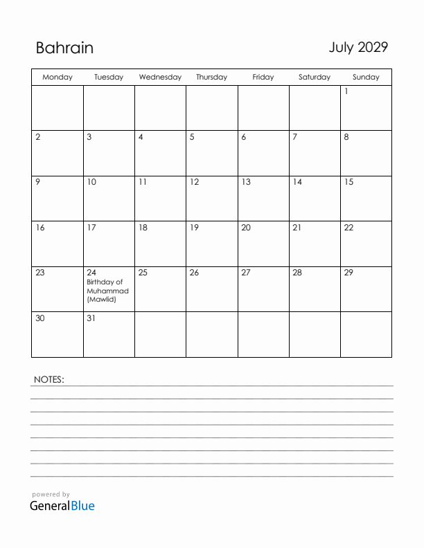 July 2029 Bahrain Calendar with Holidays (Monday Start)