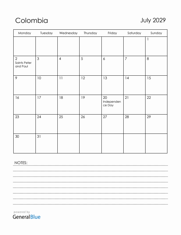 July 2029 Colombia Calendar with Holidays (Monday Start)