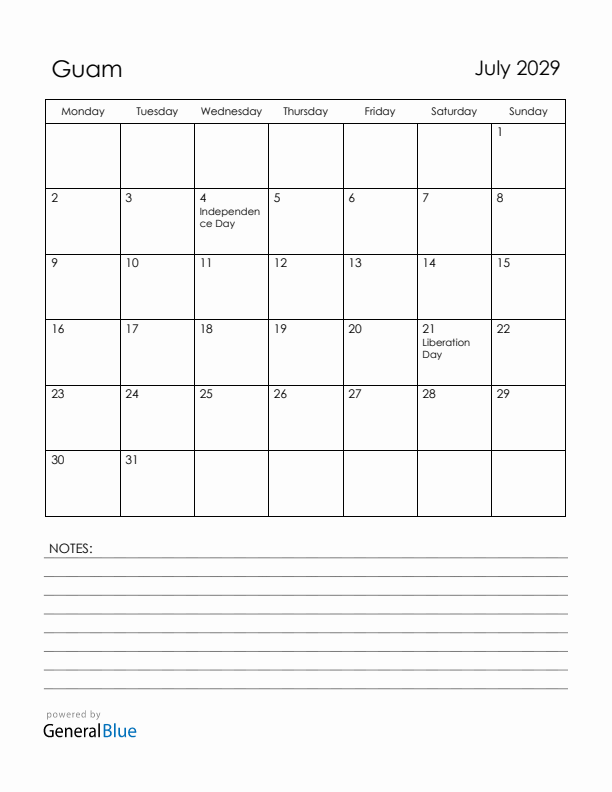 July 2029 Guam Calendar with Holidays (Monday Start)